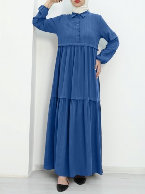 Partial Half Buttoned Sleeve Elastic Dress -Blue