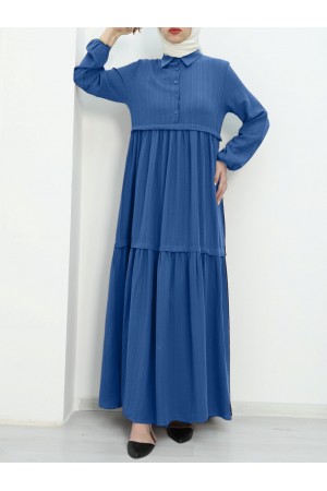 Partial Half Buttoned Sleeve Elastic Dress -Blue