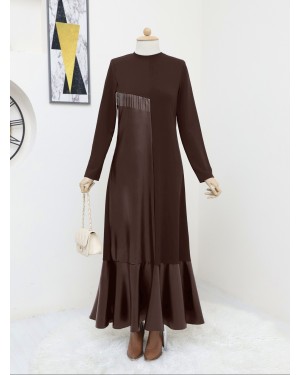 Deri Detaylı Metal Zincirli Elbise  -Kahve