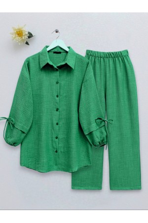 Kolu Lastikli Bağcık Detaylı İkili Takım   -Yeşil