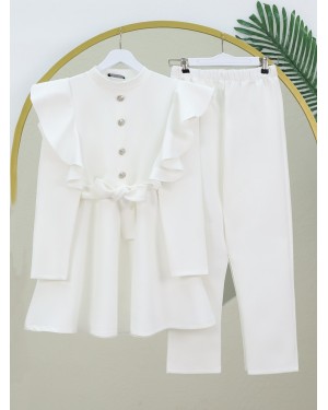 Button Detailed Stand Collar Ruffle Shoulder Scuba Suit -White