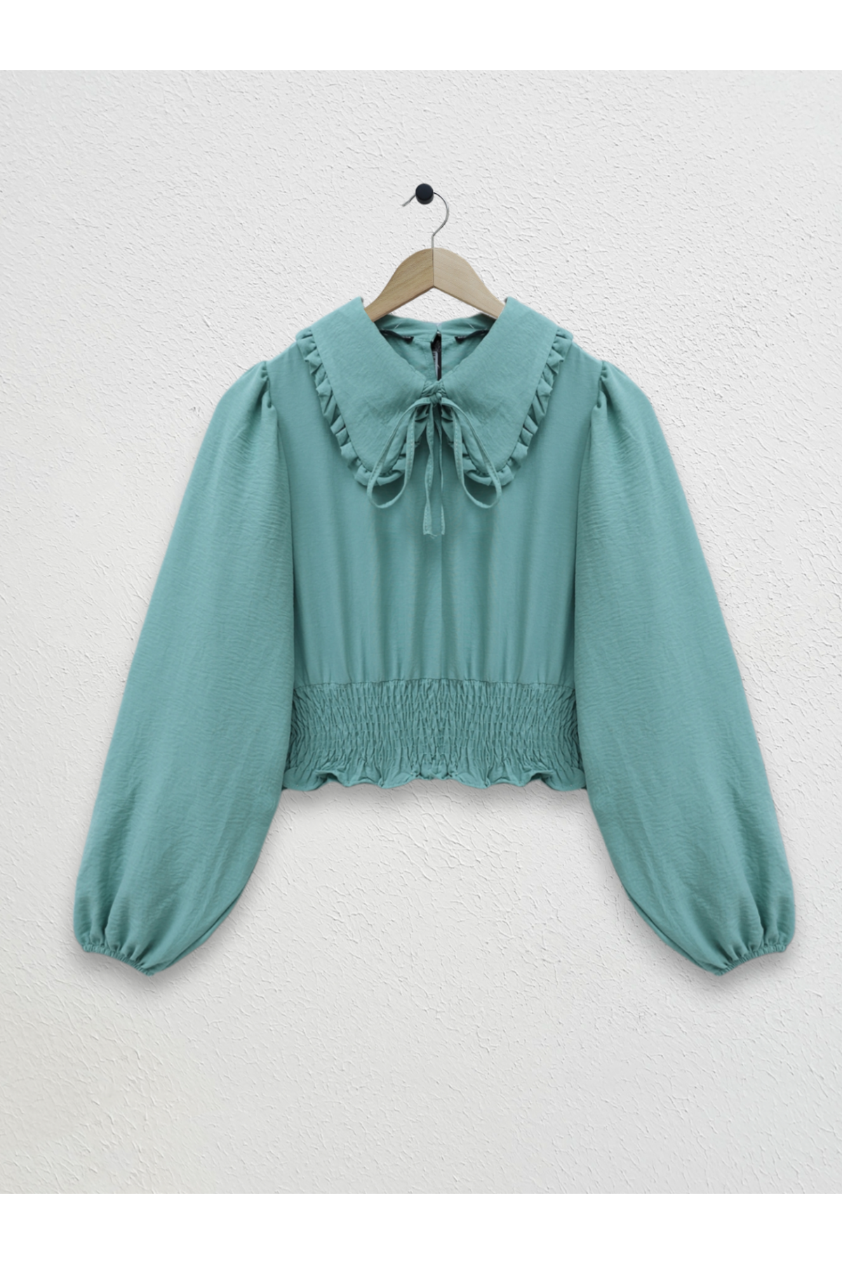 Baby Collar Long Sleeve Blouse with Elastic Waist -Mint Color