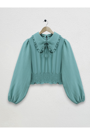 Beli Lastikli Bebe Yaka Uzun Kol Bluz -Mint