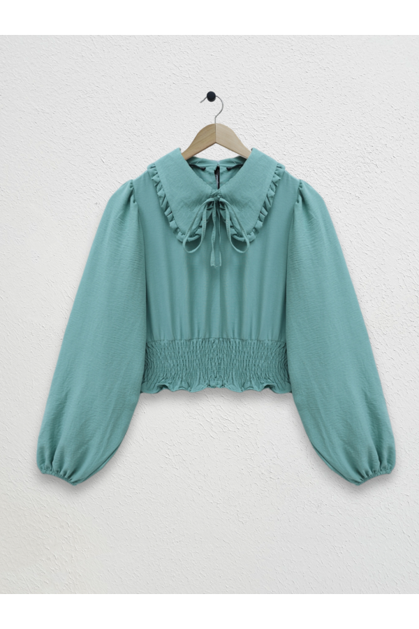 Beli Lastikli Bebe Yaka Uzun Kol Bluz -Mint