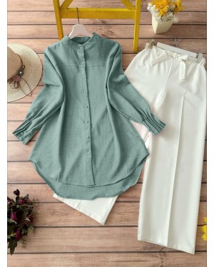 Kol Manşeti Drapeli Oval Kesim Gömlek    -Mint