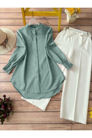 Kol Manşeti Drapeli Oval Kesim Gömlek    -Mint