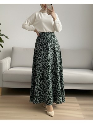 Leopard Print Scuba Skirt -Cagla Green