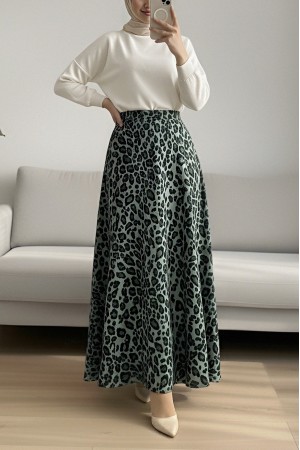 Leopard Print Scuba Skirt -Cagla Green