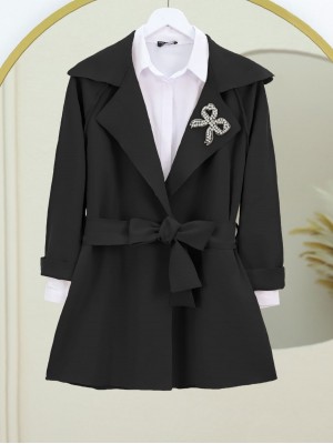 Scuba Kimono with Stone Crest and Belt -Black