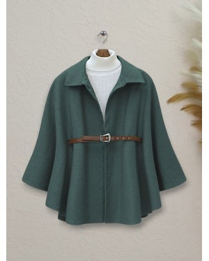 الكتف بأزرار والخصر مربوط خبأ المعطف -زمرد