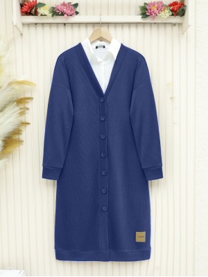 Fitilli Burgu Kumaş Düğmeli Uzun Hırka -İndigo