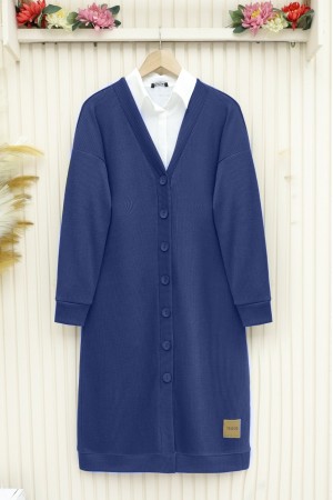 Fitilli Burgu Kumaş Düğmeli Uzun Hırka -İndigo