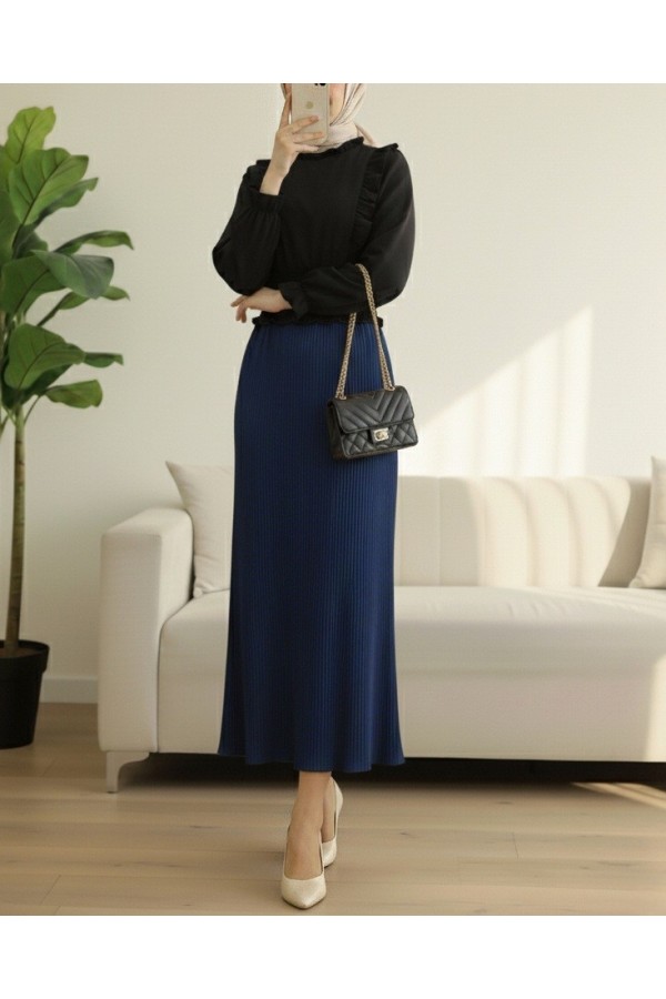 Pleated Pencil Skirt with Elastic Waist -Navy blue