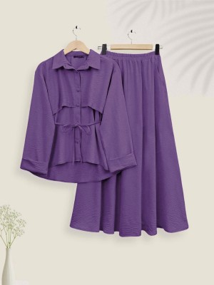 Top Düğmeli Kemerli Etekli Ayrobin Takım  -Mor