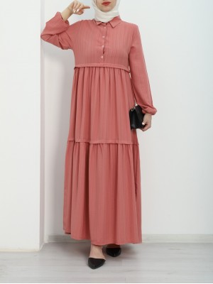 Parçalı Yarım Düğmeli Kolu Lastikli Elbise -Yavruağzı