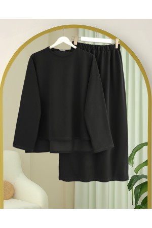 Two-Piece Combed Cotton Suit with a Long Slit at the Back and Skirt -Black