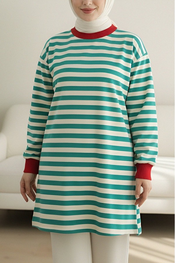 Colorful Striped Round Neck Sweater -Emerald