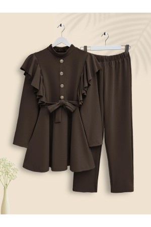 Düğme Detaylı Omuzu Fırfırlı Takım -Kahve