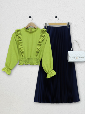 Robadan Fırfırlı Beli Büzgülü Ayrobin Bluz -F.Yeşili