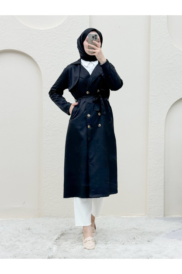 Double Button Shawl Shoulder Waist Trench Coat  -Black
