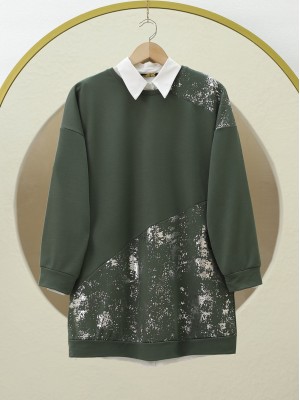 Silver Printed Pieced Crew Neck Tunic -Emerald