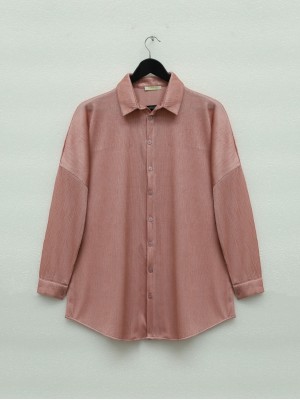 Boydan Düğmeli Jakarlı Oversize Gömlek -Yavruağzı