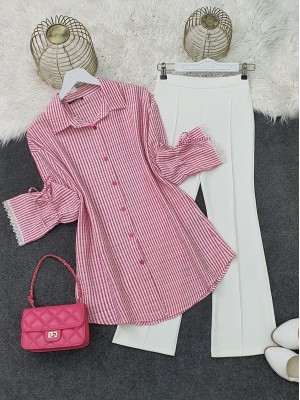 Kolu Dantelli Bağcıklı Çizgili Gömlek -Kırmızı