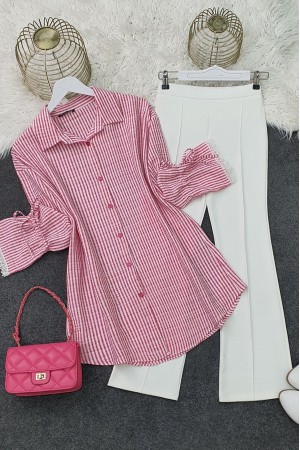 Kolu Dantelli Bağcıklı Çizgili Gömlek -Kırmızı