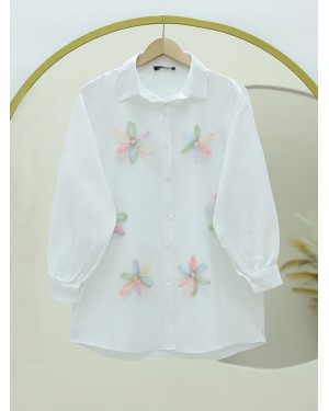 Sequined Flower Detailed Button-Down Shirt -Pink