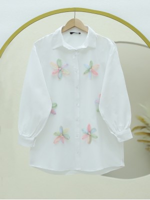 Pullu Çiçek Detaylı Düğmeli Gömlek -Pembe