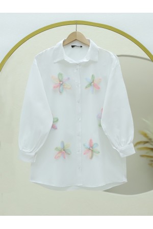 Pullu Çiçek Detaylı Düğmeli Gömlek -Pembe