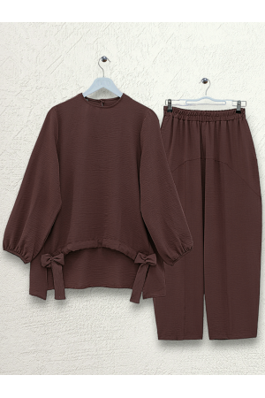 Önden Büzmeli Şalvar Pantolon Ayrobin Salaş Takım -K. Kahve