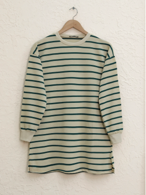 Striped Ribbed Sleeves Open Skirt Wortex Sweat -Green