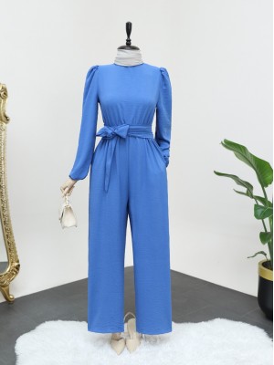 Dik Yaka Beli Lastikli Kuşaklı Tulum -İndigo