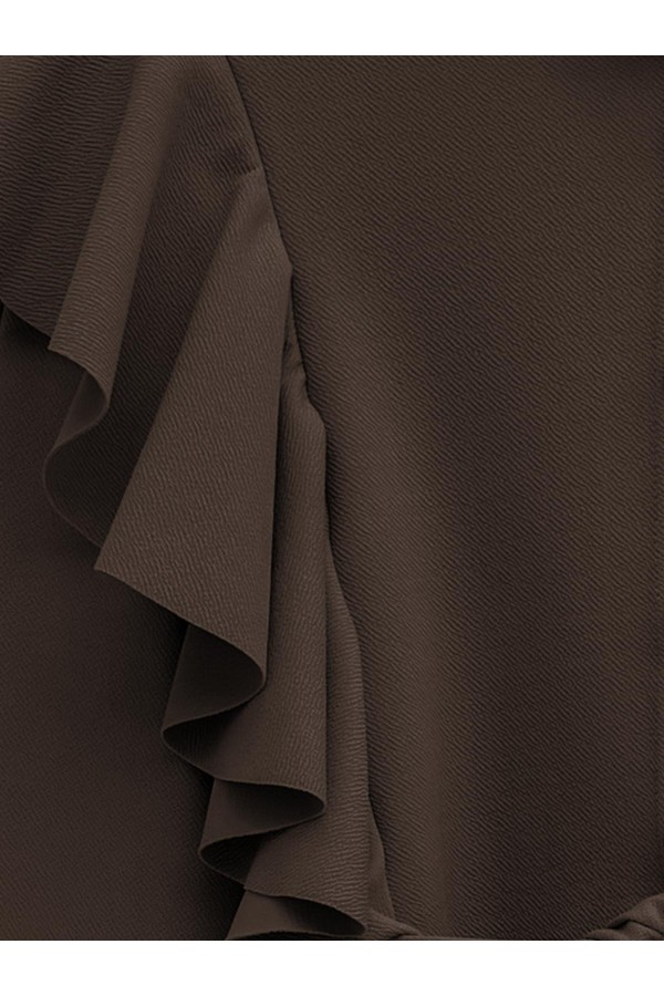 Button Detailed Ruffle Shoulder Suit -Brown