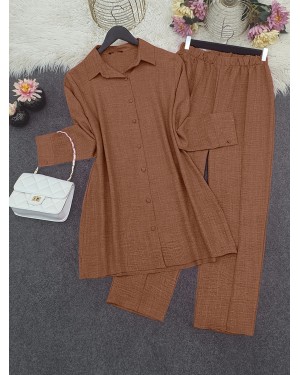 Top Düğme Gömlek Pantolonlu Takım   -Toprak
