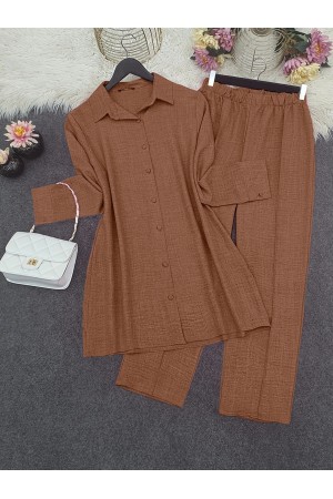 Top Düğme Gömlek Pantolonlu Takım   -Toprak