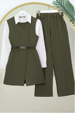 Kemerli Düğmeli Uzun Yelek-Pantolon Takım -Haki