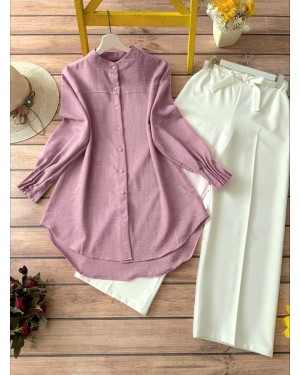 Kol Manşeti Drapeli Oval Kesim Gömlek    -Pudra