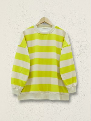 Round Neck Thick Striped Oversize Sweat -Oil Green