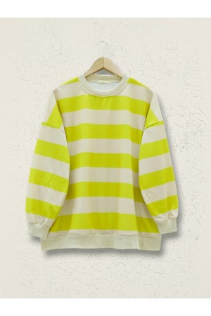 Yuvarlak Yaka Kalın Çizgili Oversize Sweat -Yağ Yeşili