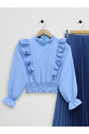 Robadan Fırfırlı Beli Büzgülü Ayrobin Bluz -Bebe Mavi