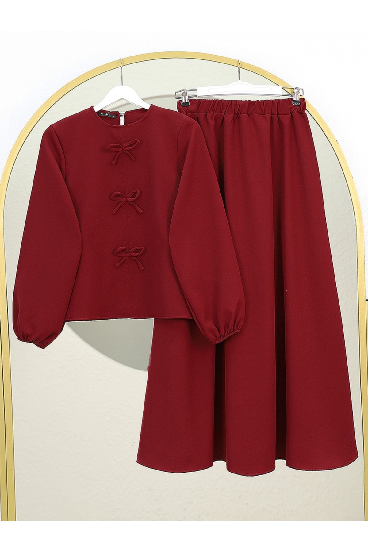Bow Detailed Elastic Sleeve Skirted Suit -Maroon
