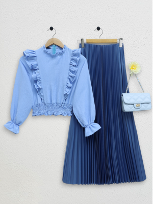 Robadan Fırfırlı Beli Büzgülü Ayrobin Bluz -Bebe Mavi