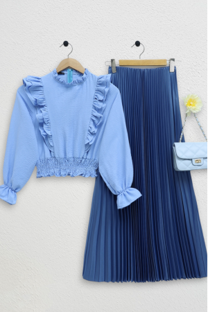 Robadan Fırfırlı Beli Büzgülü Ayrobin Bluz -Bebe Mavi