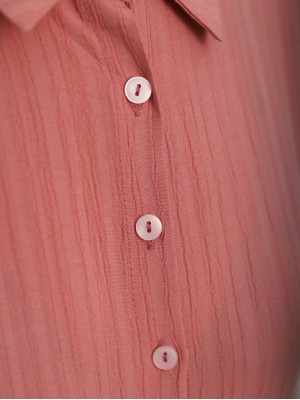 Parçalı Yarım Düğmeli Kolu Lastikli Elbise -Yavruağzı