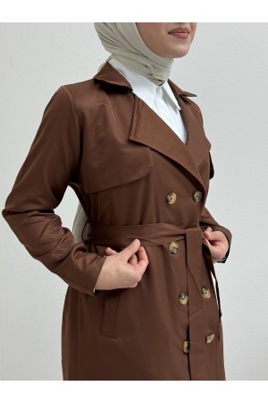 معطف مزدوج الزر شال الكتف الخصر خندق -بني محروق