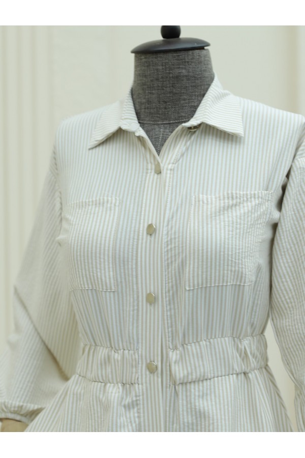 Striped Dress with Elastic Waist and Buttons - Beige