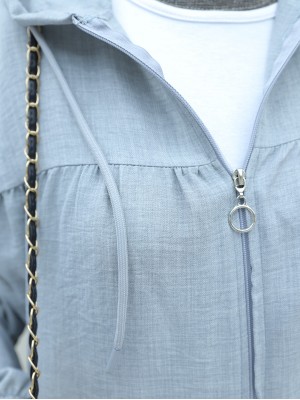 Robadan Piliseli Çift Cepli Kapşonlu Kap -Gri