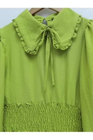 Baby Collar Long Sleeve Blouse with Elastic Waist -PISTACHIO GREEN